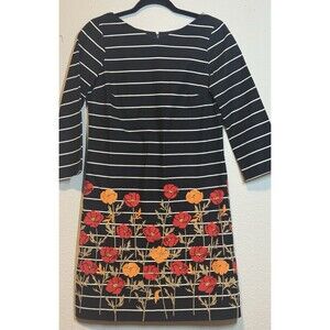 Lands' End Size 2P White Striped Black Ponte Knit‎ 3/4-Sleeve Dress Floral